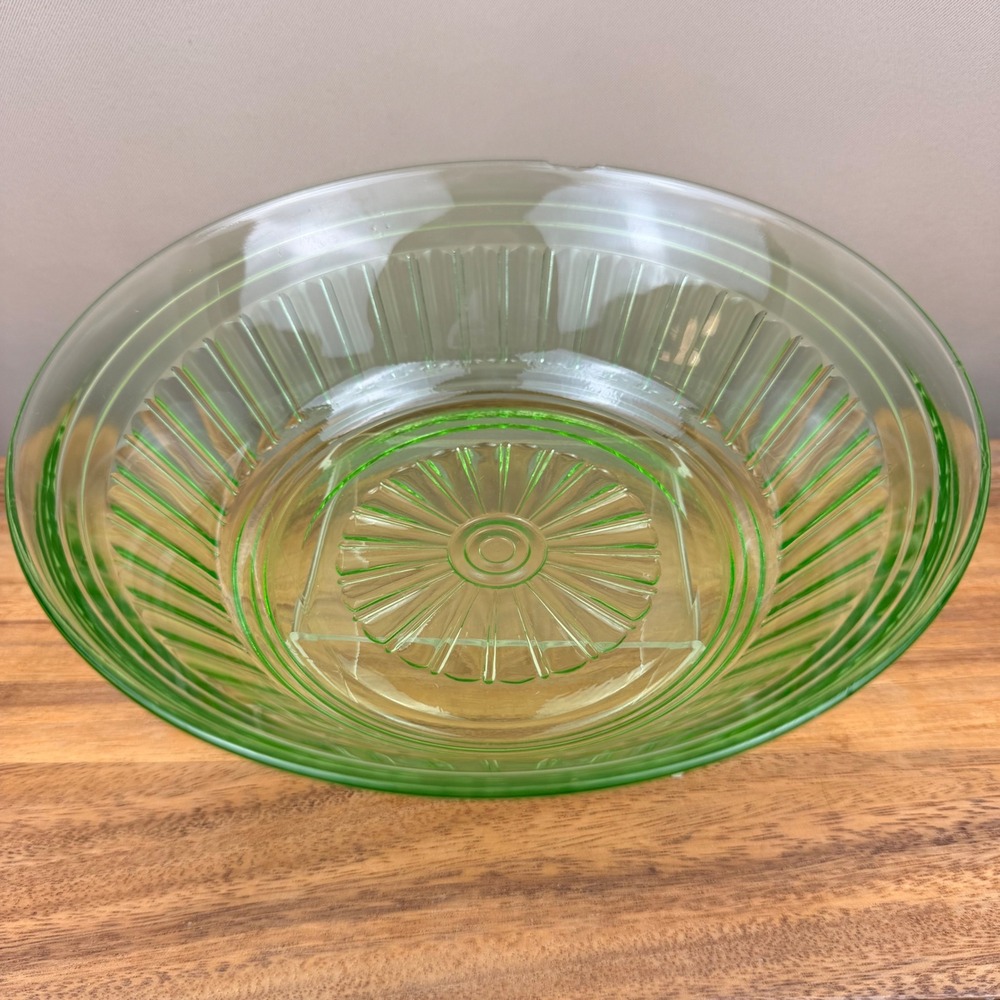 Hazel Atlas New Century Green Uranium Glass Bowl Ribbed Depression Glass 8 Inch